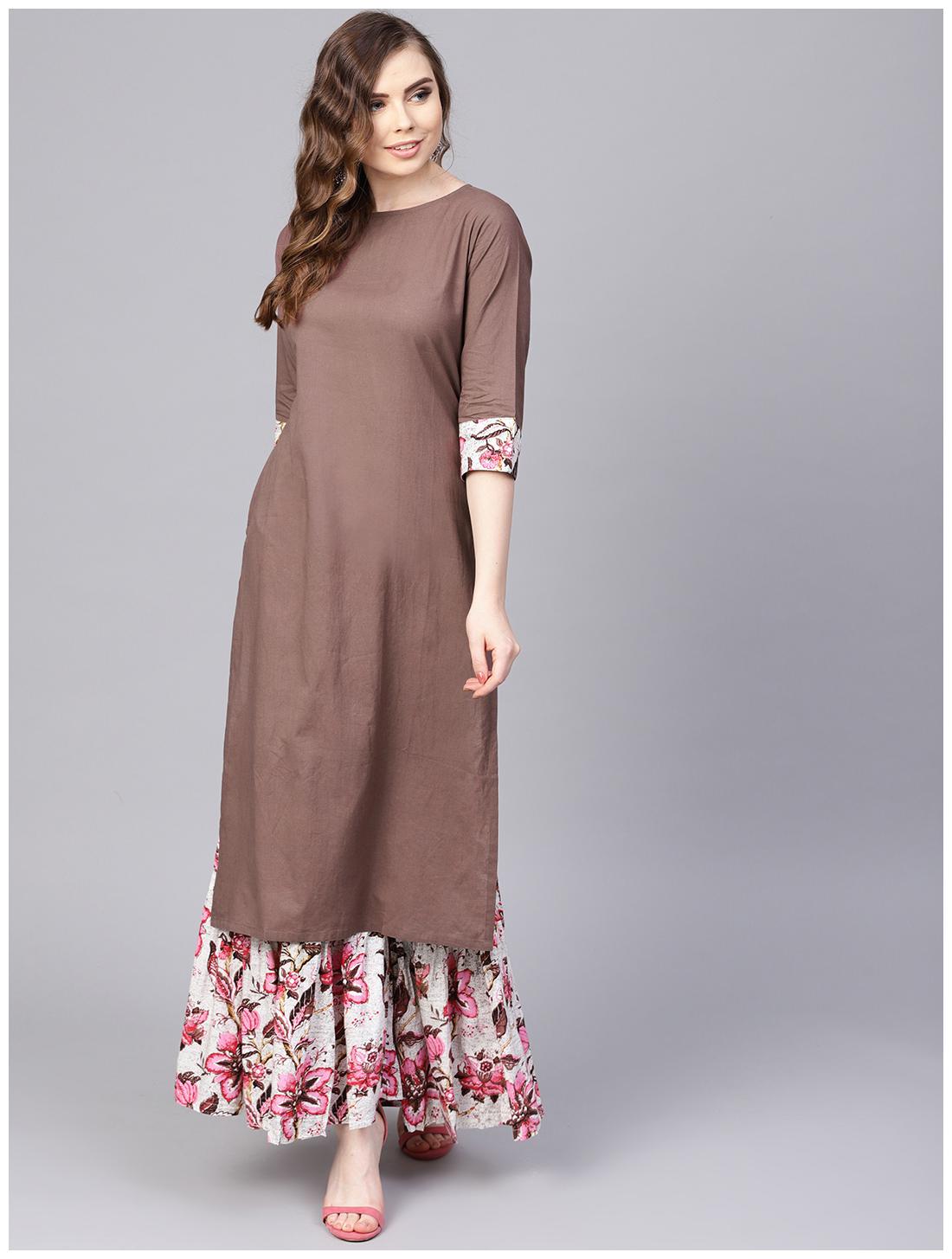 

AASI- HOUSE OF NAYO Women Brown Solid Straight Kurta With Skirt