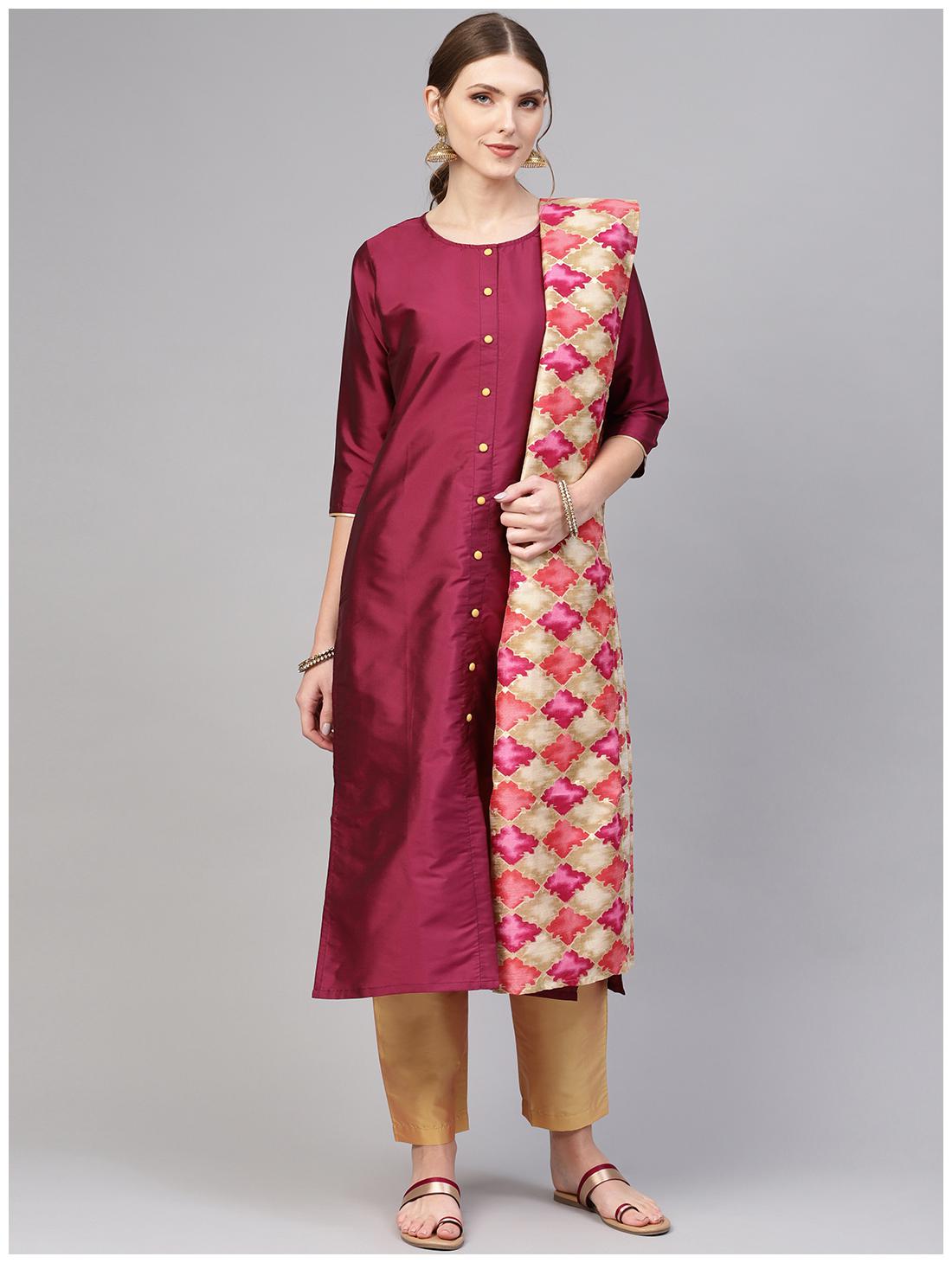 

AASI- HOUSE OF NAYO Women Purple Solid Straight Kurta With Trousers And Dupatta