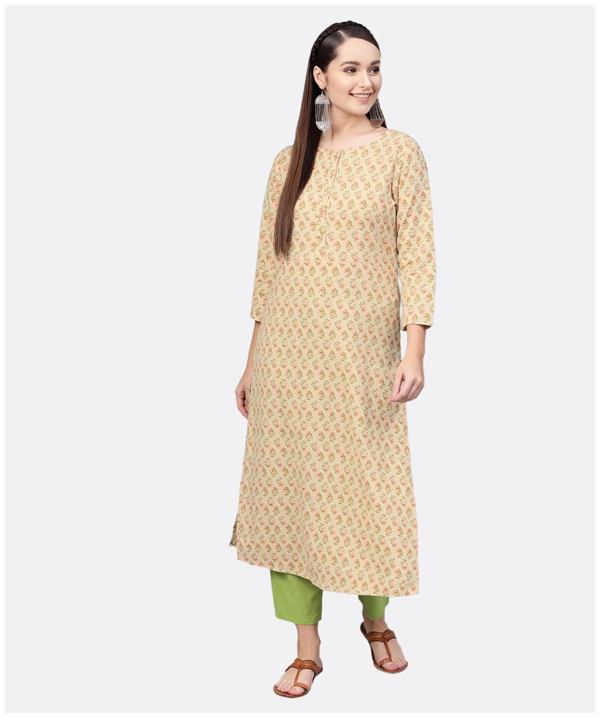 

AASI- HOUSE OF NAYO Women Beige Printed Straight Kurta With Trousers
