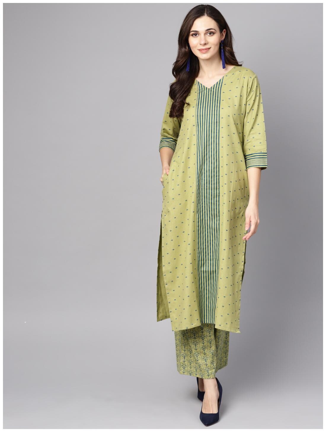 

AASI- HOUSE OF NAYO Women Green Floral Straight Kurta With Palazzo