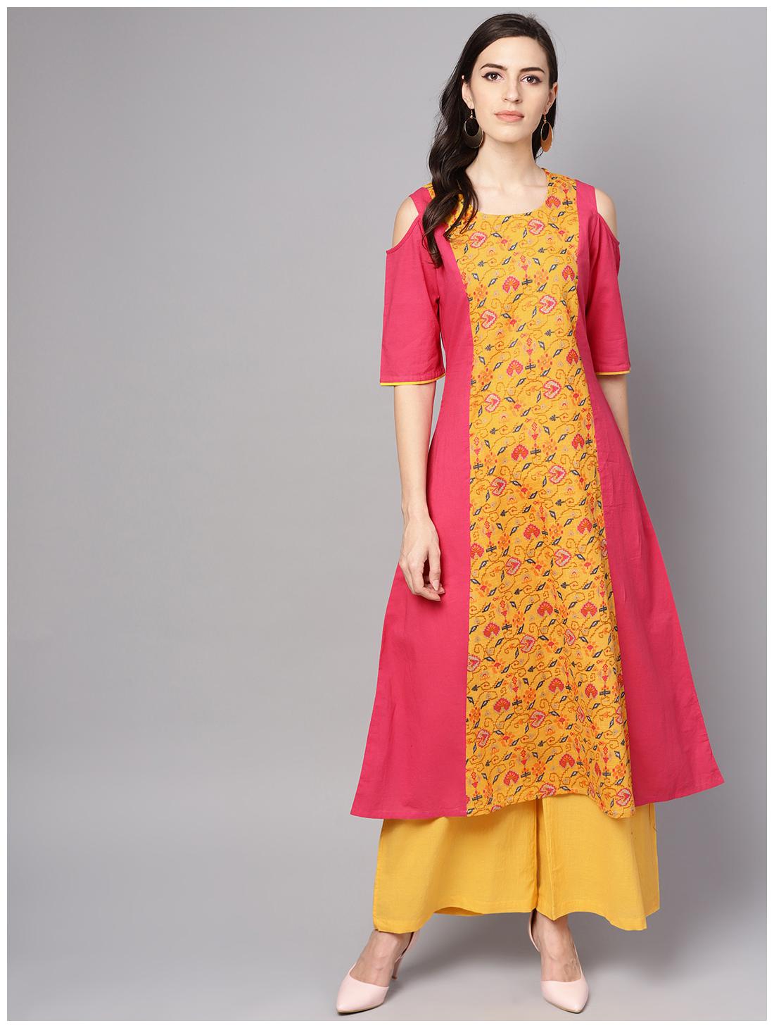 

AASI- HOUSE OF NAYO Women Yellow Pink Floral Straight Kurta With Palazzo