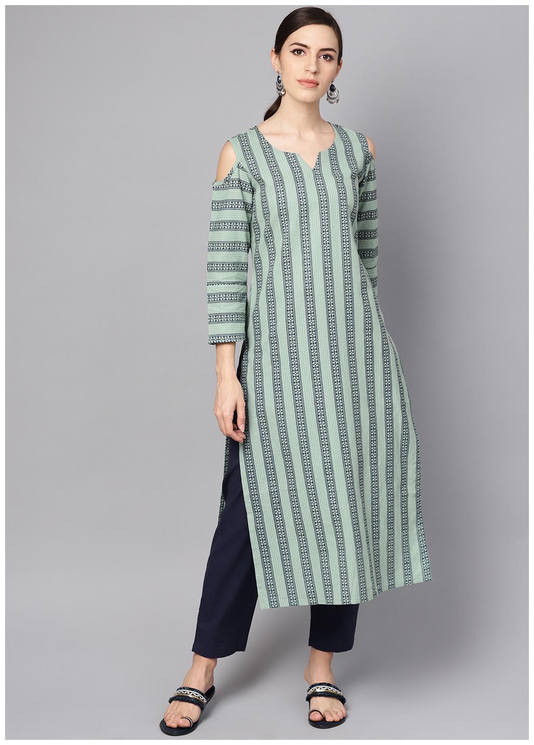 

AASI- HOUSE OF NAYO Women Green Blue Striped Straight Kurta With Pants