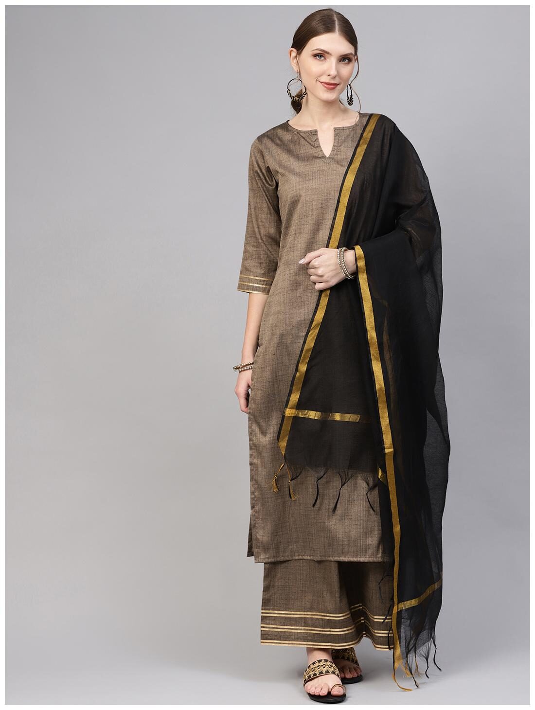 

AASI- HOUSE OF NAYO Women Brown Solid Straight Kurta With Palazzo And Dupatta