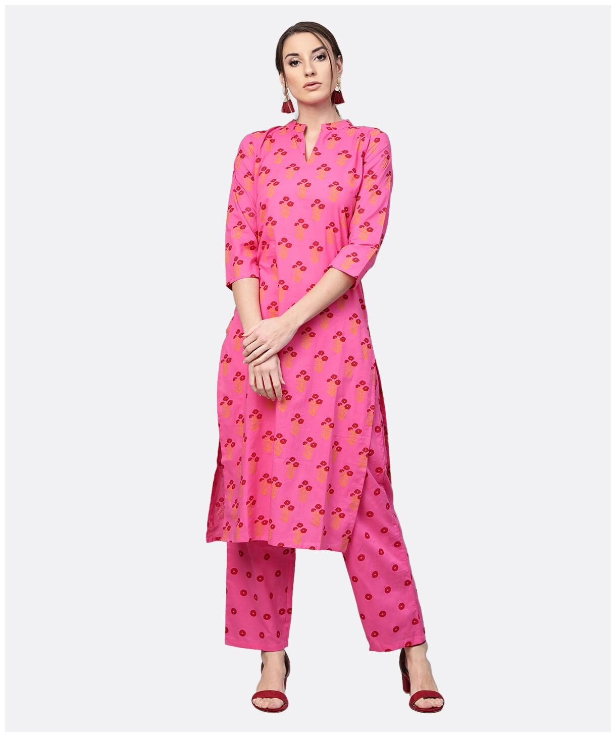 

AASI- HOUSE OF NAYO Women Pink Floral Straight Kurta With Trousers