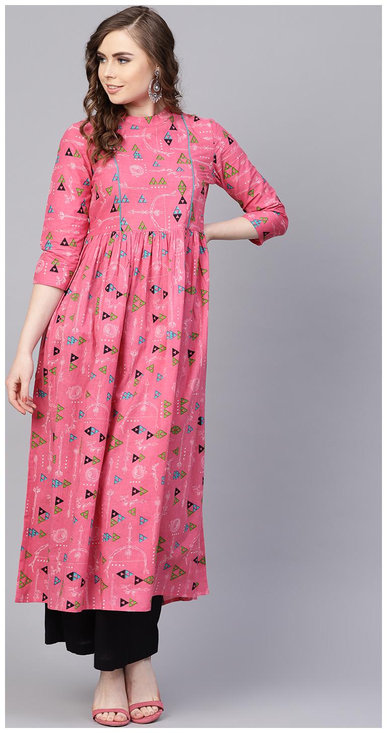 

AASI- HOUSE OF NAYO Pink Tribal Printed Kurta with Roll collar 3 4 sleeves