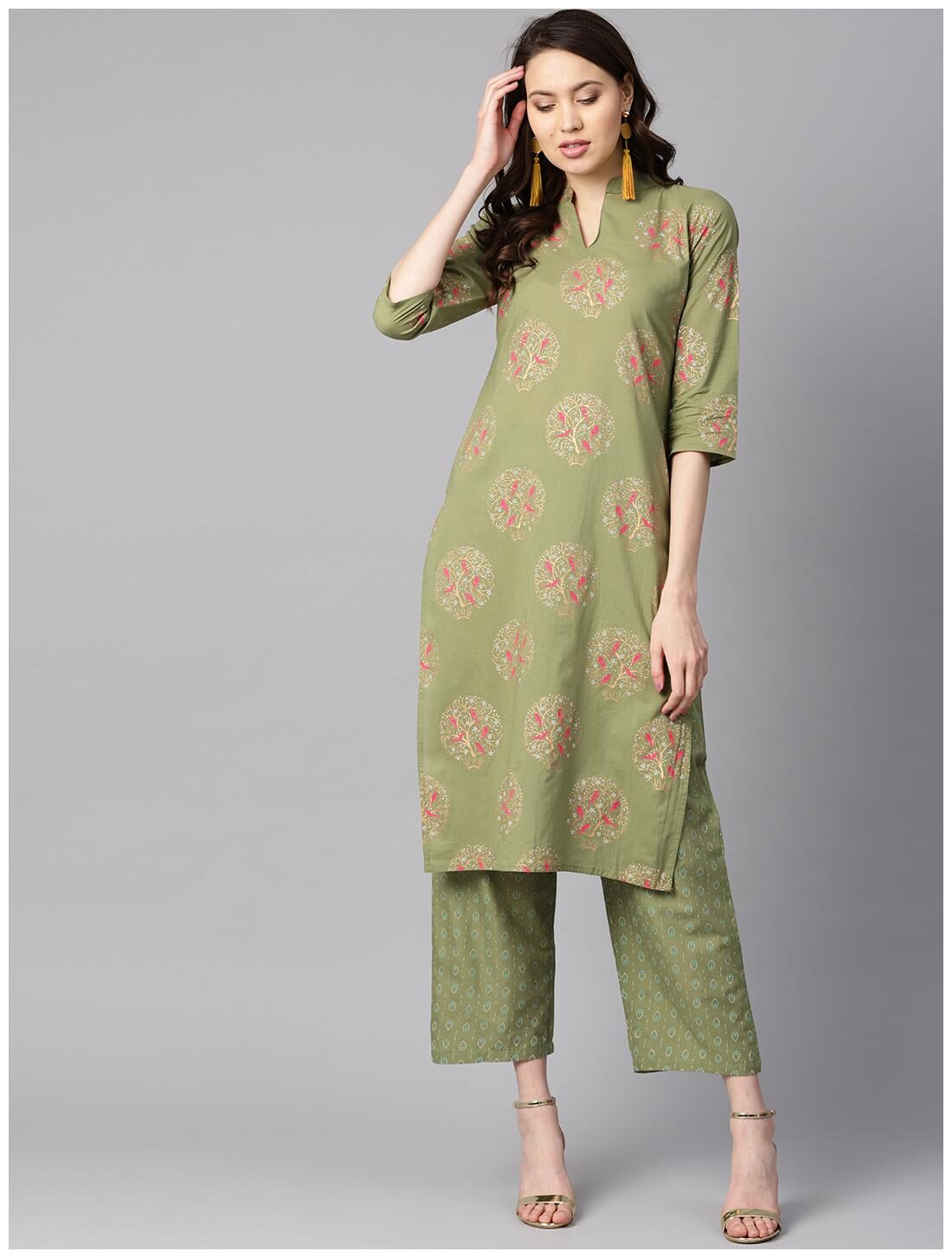 

AASI- HOUSE OF NAYO Women Green Floral Straight Kurta With Pants