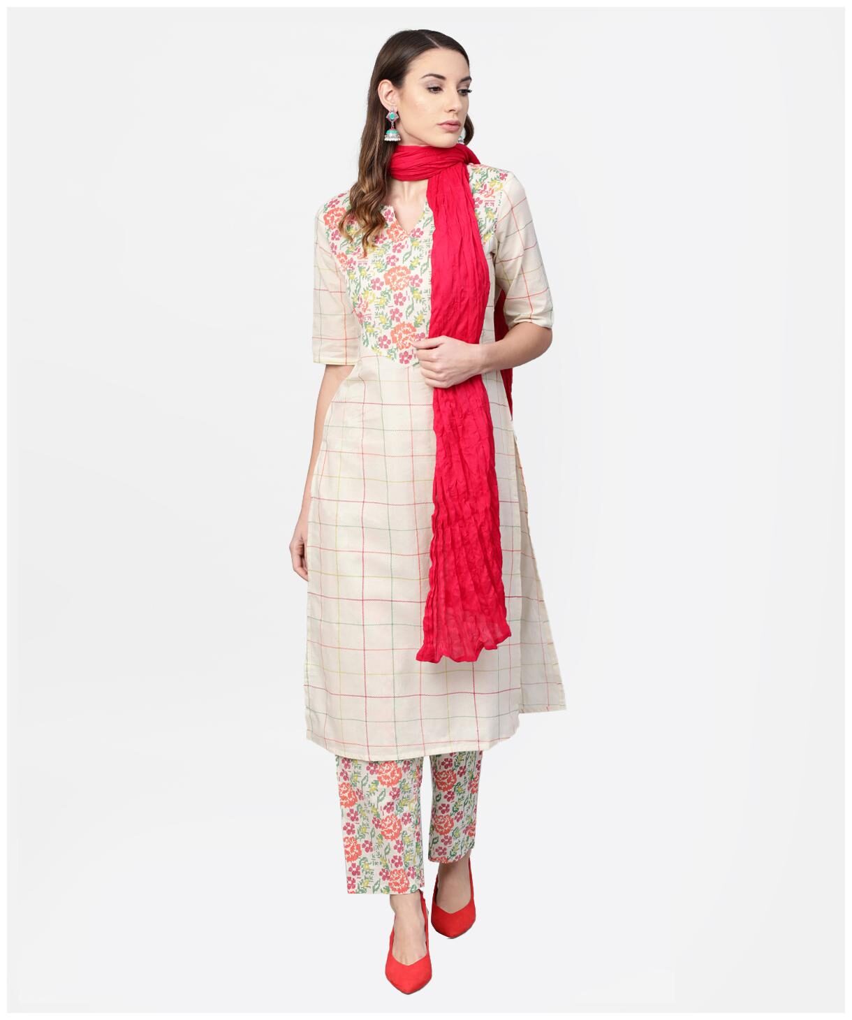 

AASI- HOUSE OF NAYO Women Off White Floral Straight Kurta With Palazzo And Dupatta