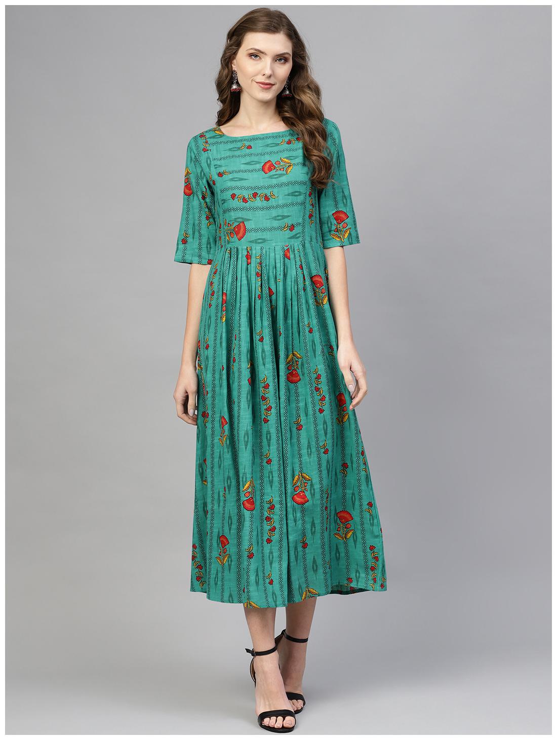 

AASI- HOUSE OF NAYO Green Printed A-line dress