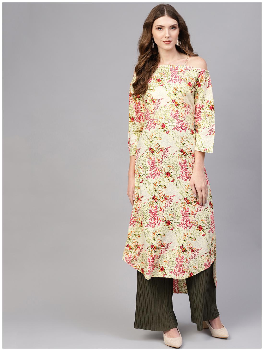 

AASI- HOUSE OF NAYO Women Beige Floral Assymetrical Kurta