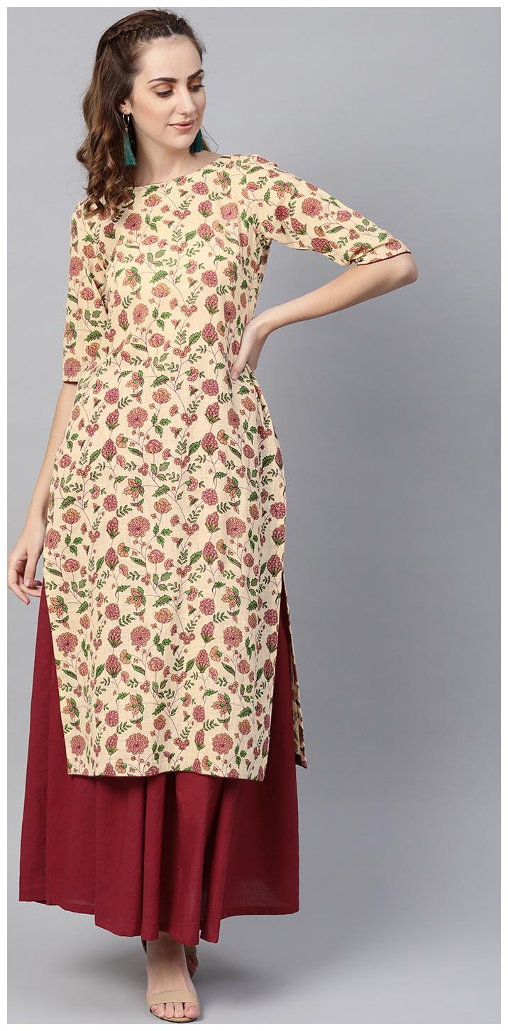 

AASI- HOUSE OF NAYO Women Cream Maroon Floral Straight Kurta With Skirt