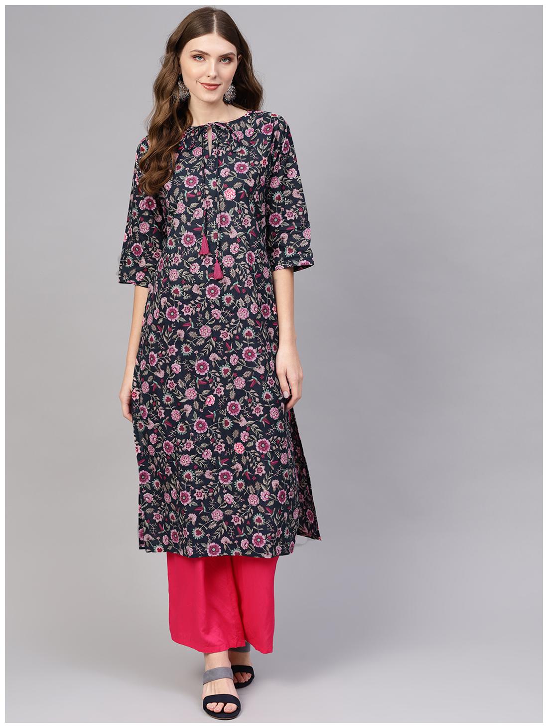 

AASI- HOUSE OF NAYO Women Navy Blue Floral Straight Kurta