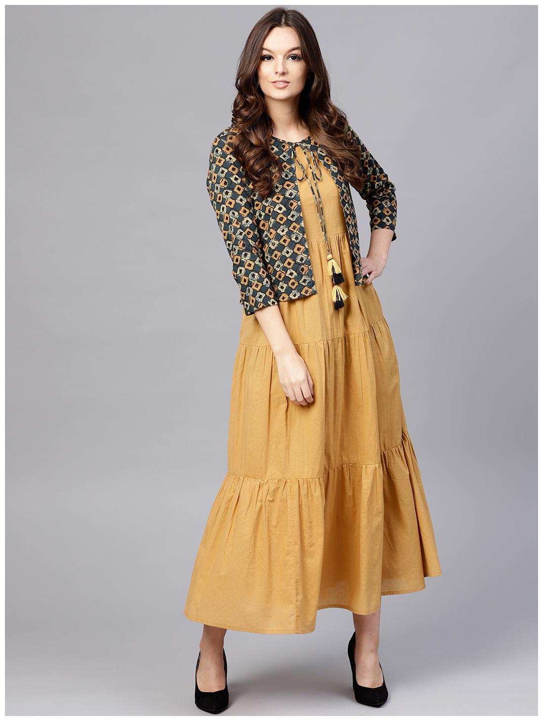 

AASI Mustard Cotton Tiered Maxi Kurti Dress With Full Sleeves Short Jacket Emblished With Tassel