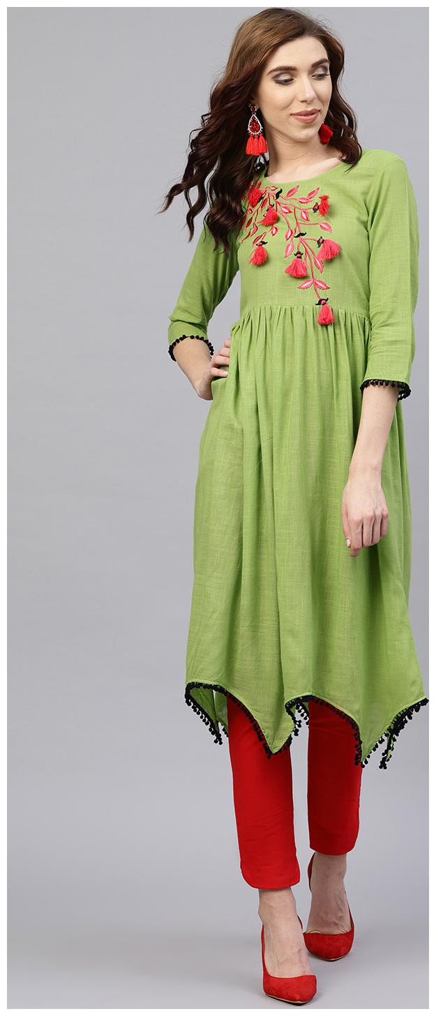 

Aasi Parrot Green Embroidered A-Line Kurta With Round Neck And 3 4 Sleeves