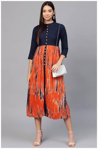 AASI- HOUSE OF NAYO Printed Tye-Dye Chinese Collared 3/4Th Sleeves Kurti Dress