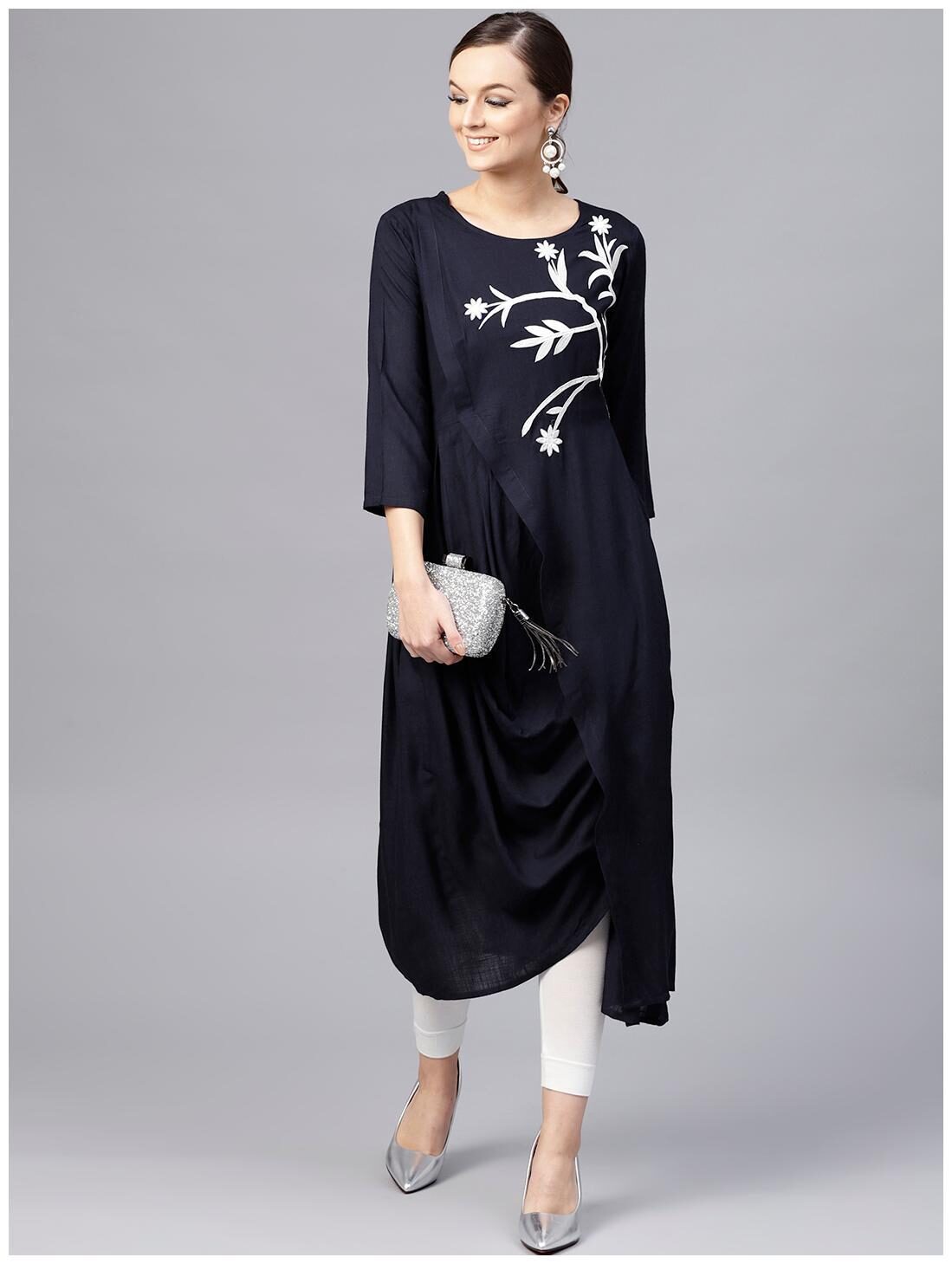 

AASI- HOUSE OF NAYO Women Navy Blue Solid Assymetrical Kurta