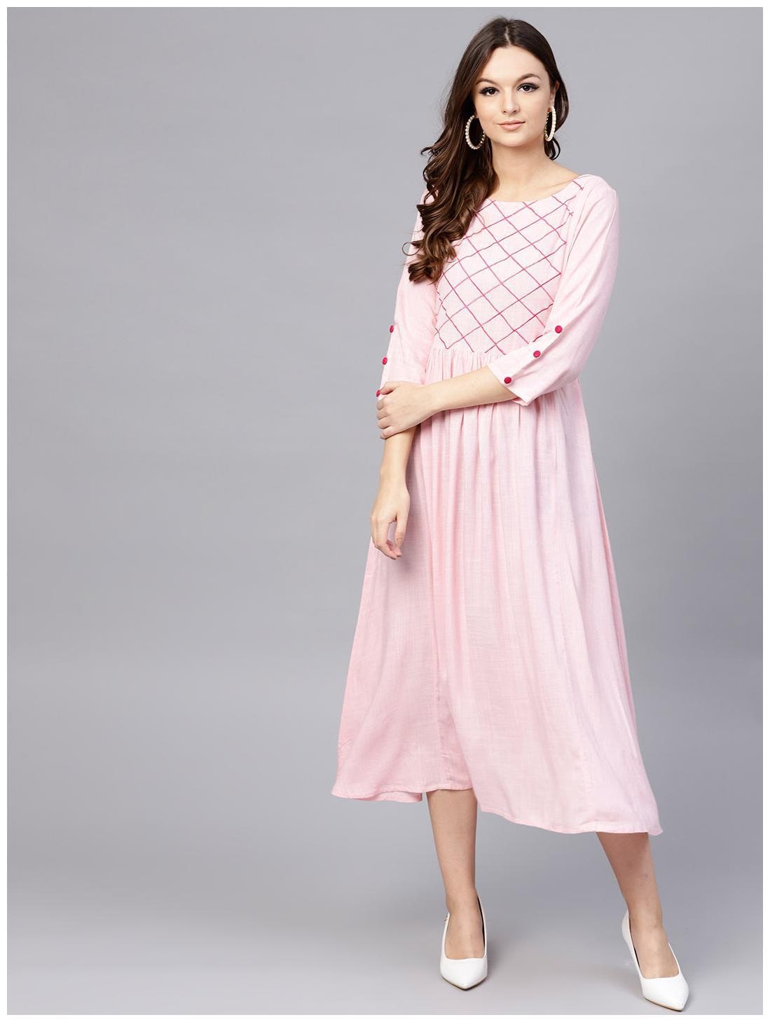 

AASI Rayon Pink Embroidered Full Sleeves Pleated Maxi Kurti Dress