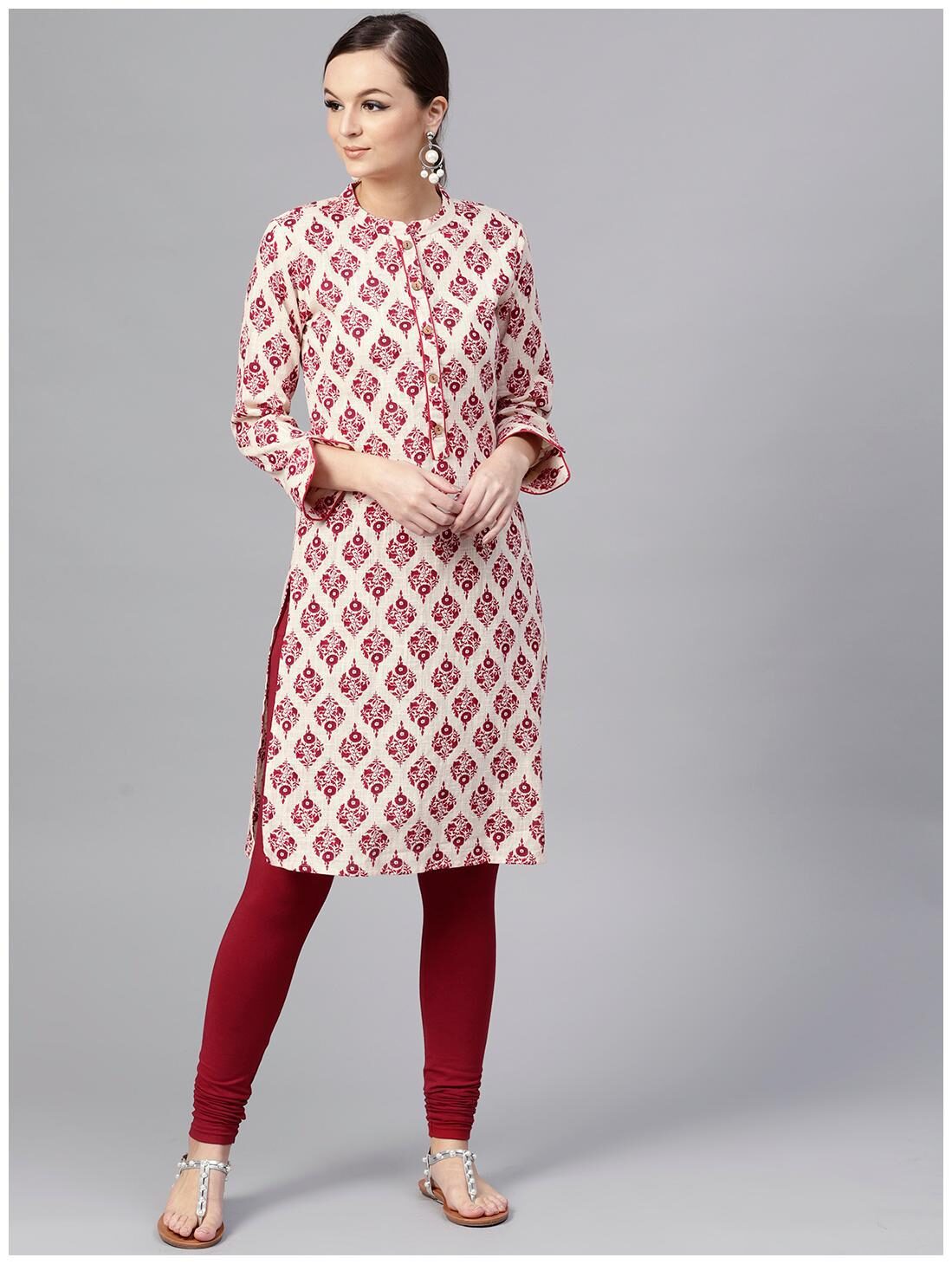 

AASI Red Printed Cotton Kurta With Madarin Collar And 3 4Th Sleeves