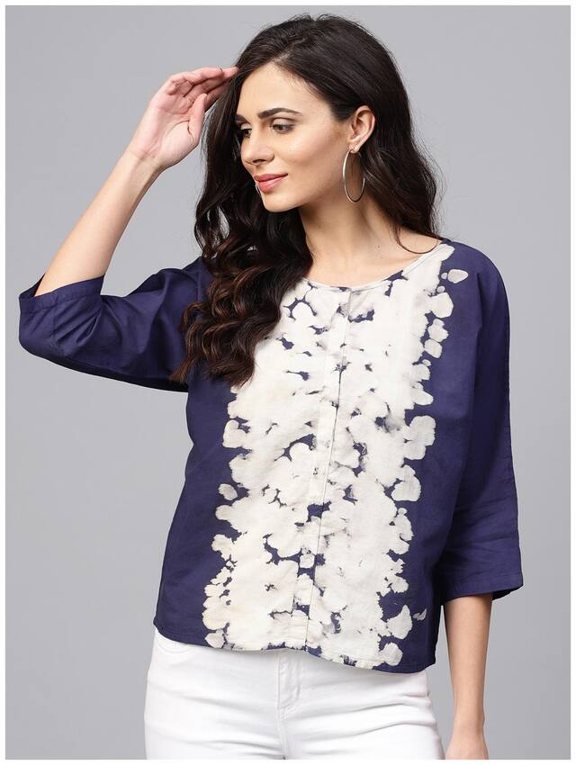 AASI Round Neck Tie & Dye Multi Colored Top With Front Placket And 3/4 Sleeves