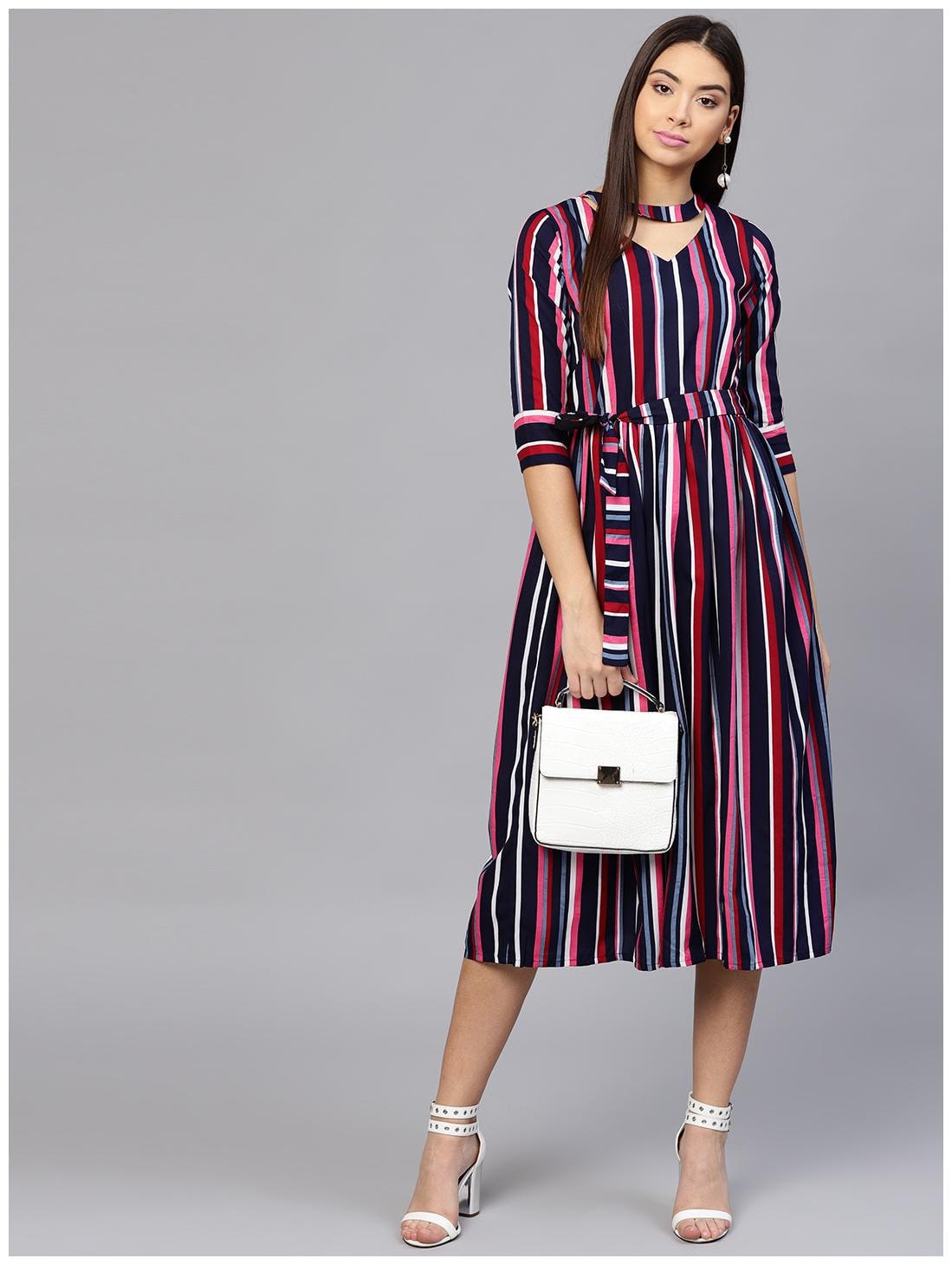 

AASI- HOUSE OF NAYO Multi Striped A-line dress