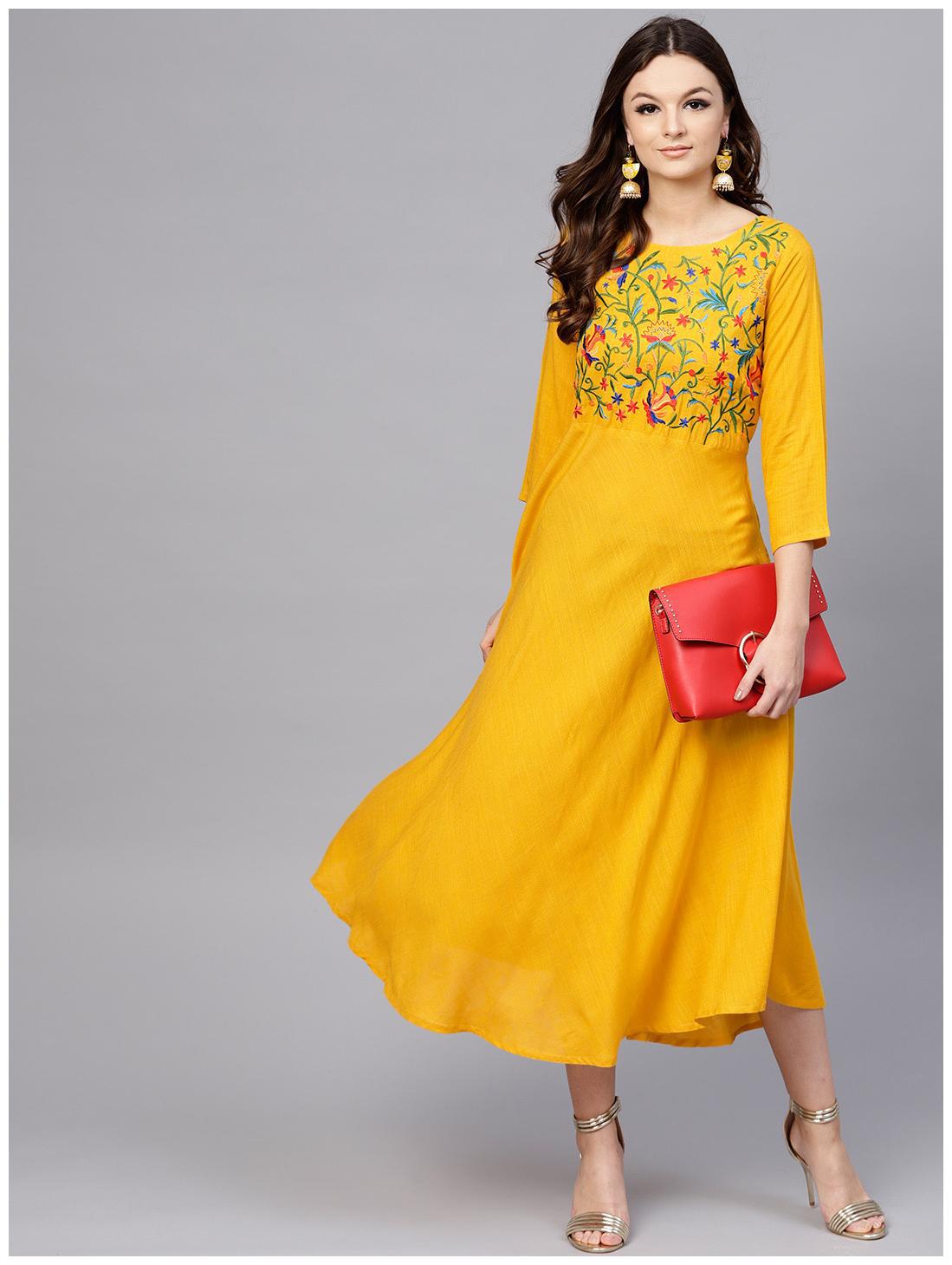 

AASI Yellow Round Neck Embroidered Full Sleeves Rayon Maxi Kurti Dress