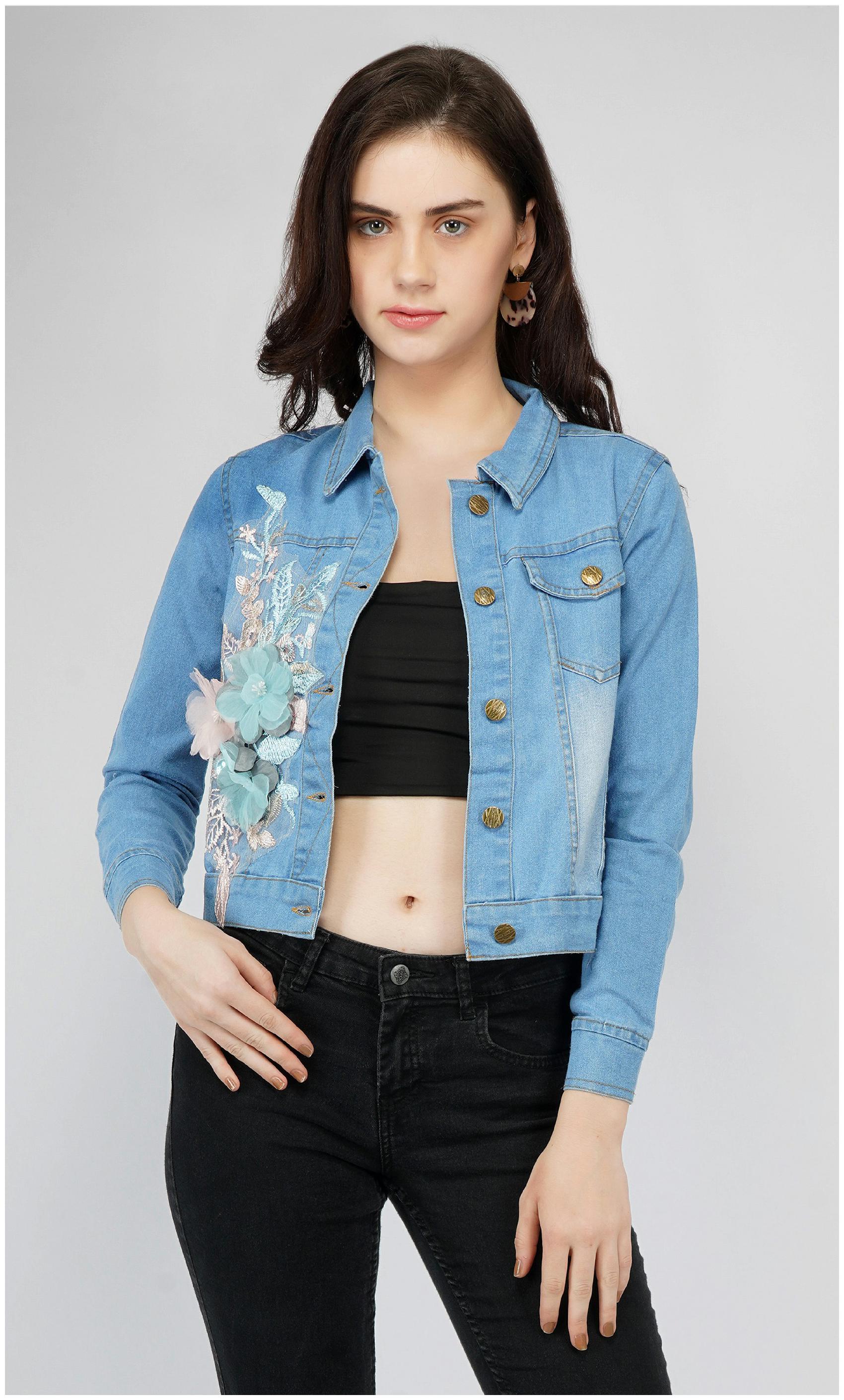 

ABelya Women Embroidered Denim Jacket - Blue