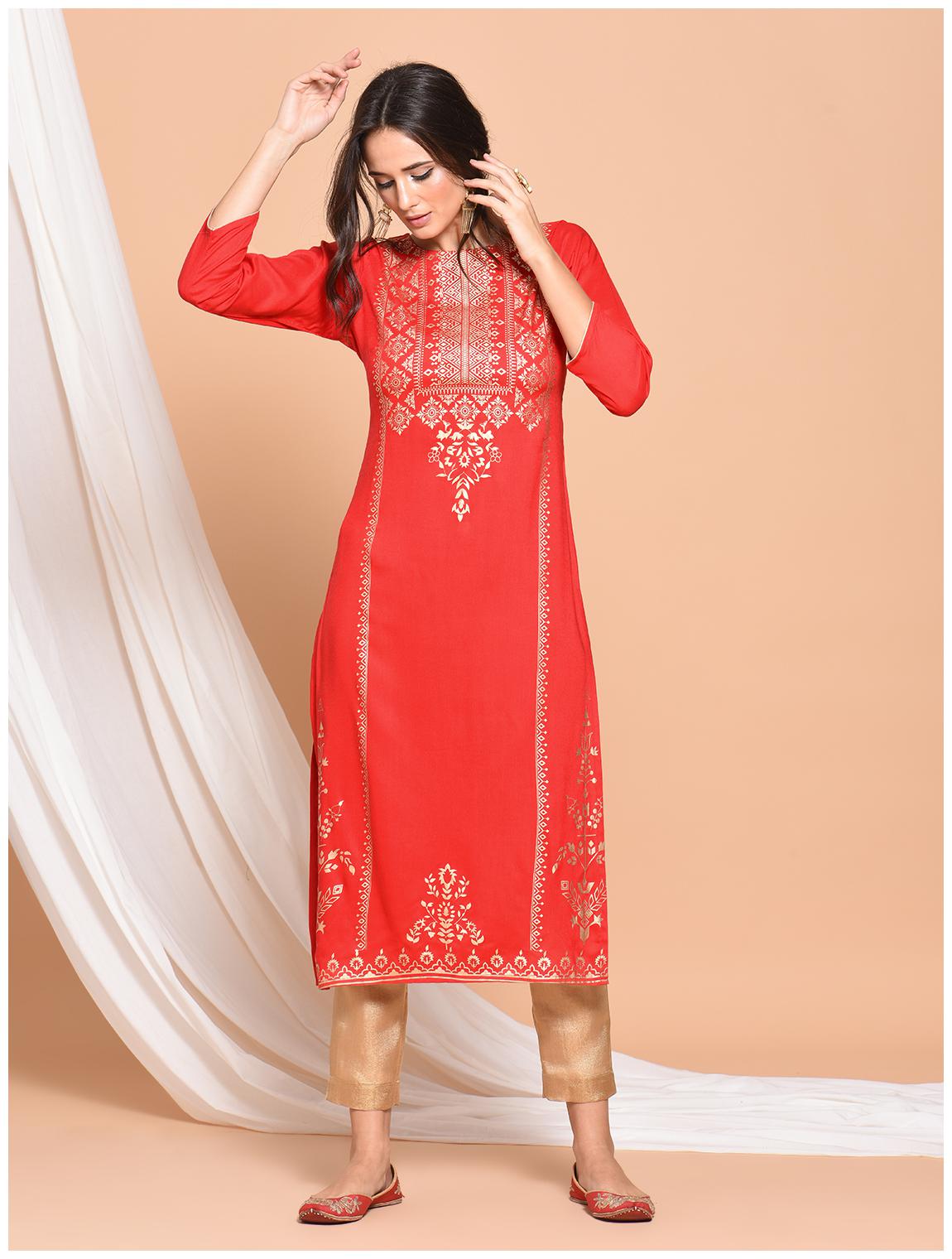 

ABelya Women Red Printed Straight Kurta