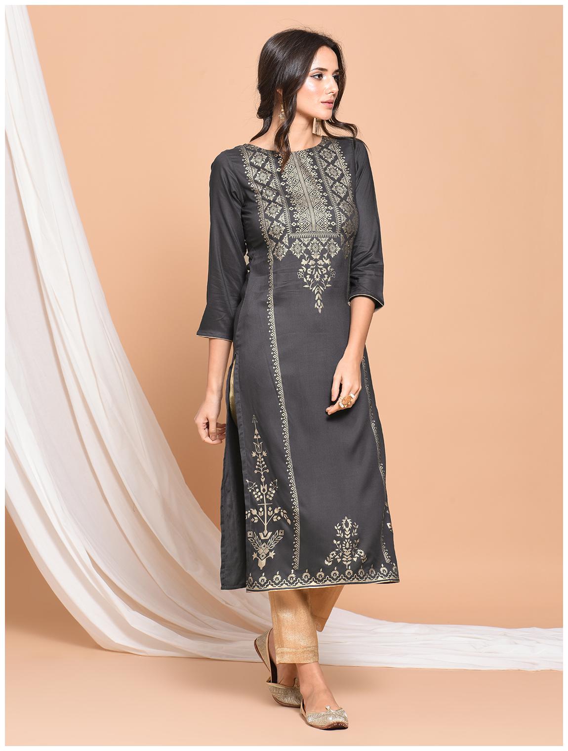 

ABelya Women Grey Printed Straight Kurta