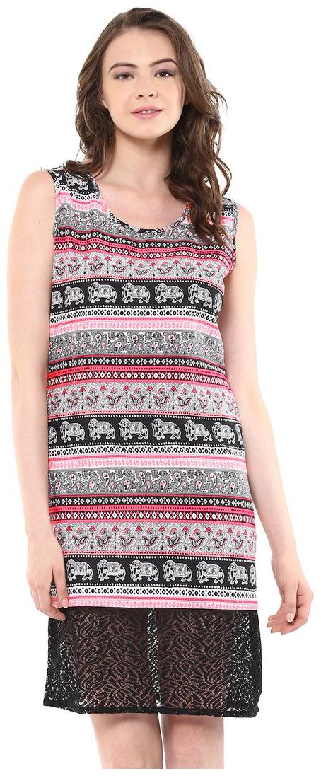 

Abiti Bella Women s Black and neon panel print lace bottom indo western dress