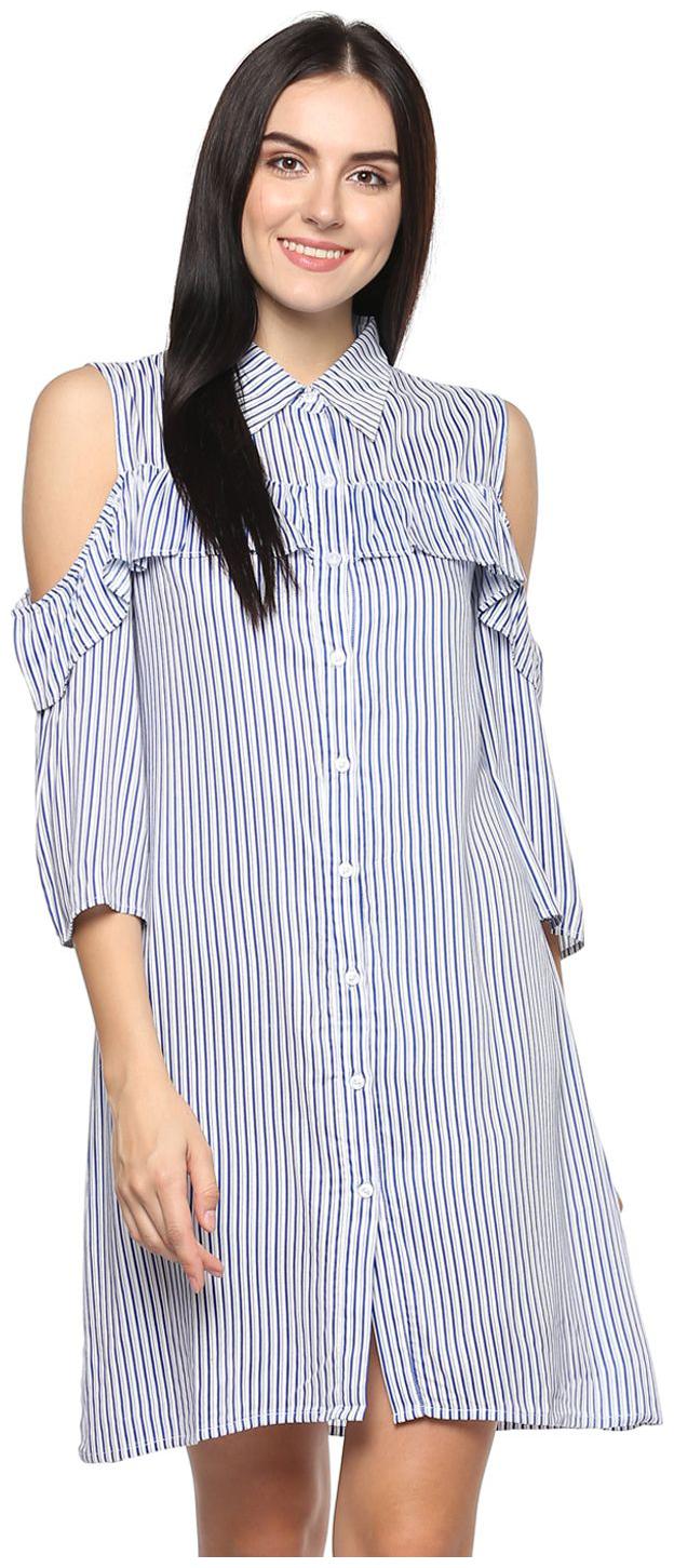 

Abiti Bella Women s Blue Strip Cold shoulder Shirt Dress