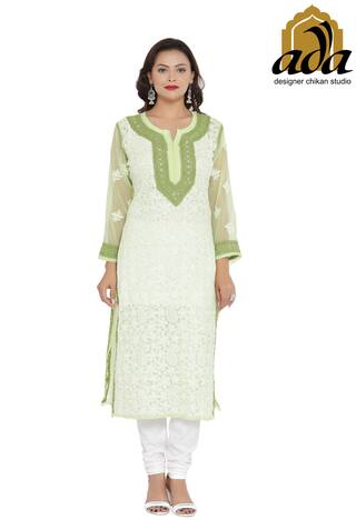 Ada Hand Embroidered Green Faux Georgette Lucknow Chikan Kurti A202352 Ada Hand Embroidered Green Faux Georgette Lucknow Chikan Kurti A202352
