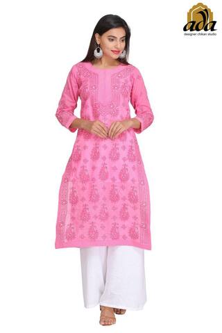 Ada Hand Embroidered Pink Cotton Lucknowi Chikan Kurti A284473 Ada Hand Embroidered Pink Cotton Lucknowi Chikan Kurti A284473
