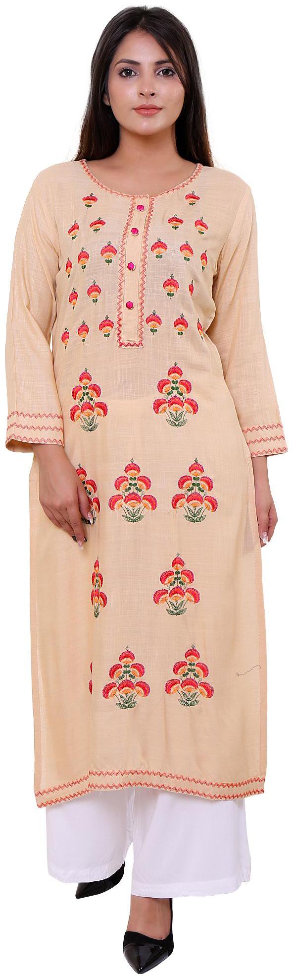 

MAAYRA111 Women Beige Embroidered Straight Kurta