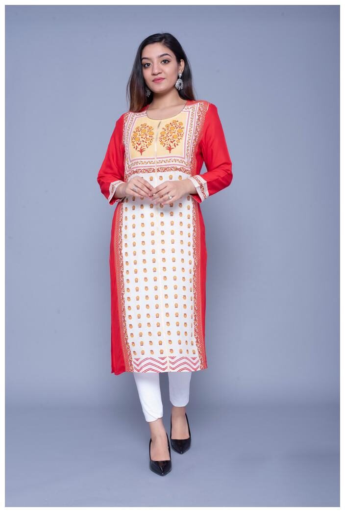 

Addiction Women Red Floral Straight Kurta