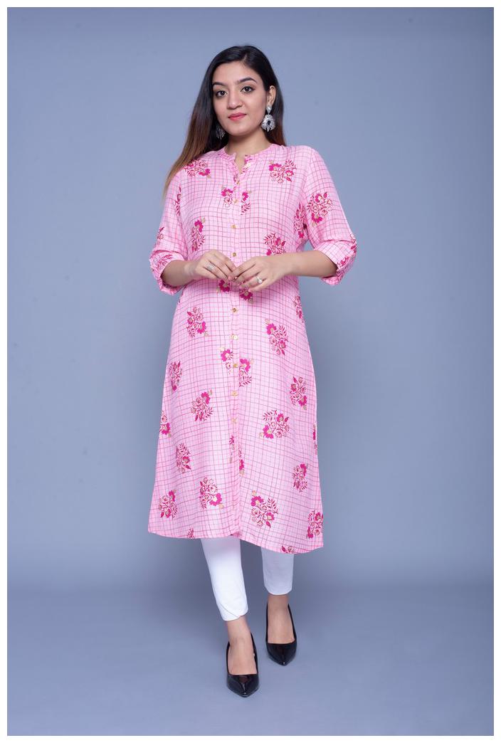 

Addiction Viscose Rayon Checkered Pink Color Kurta For Women