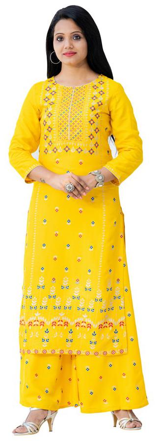 

Addiction Women Yellow Printed Straight Kurta With Palazzo
