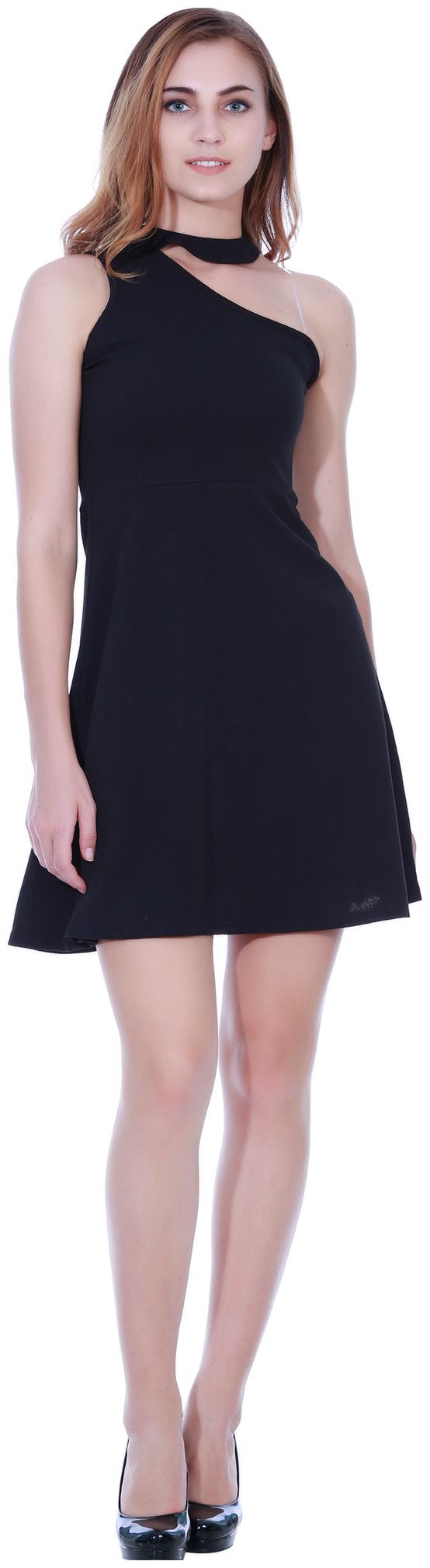 

Addyvero Women s Black Assymetric Choker Neckline Skater Dress