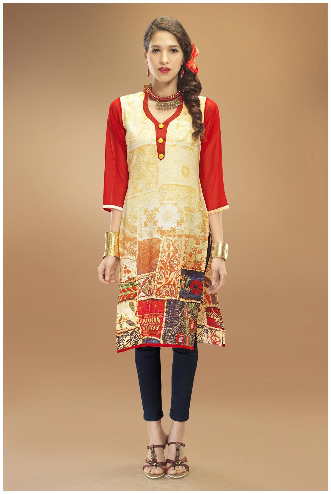 

Admyrin Cream And Red Georgette And Crepe Kurti