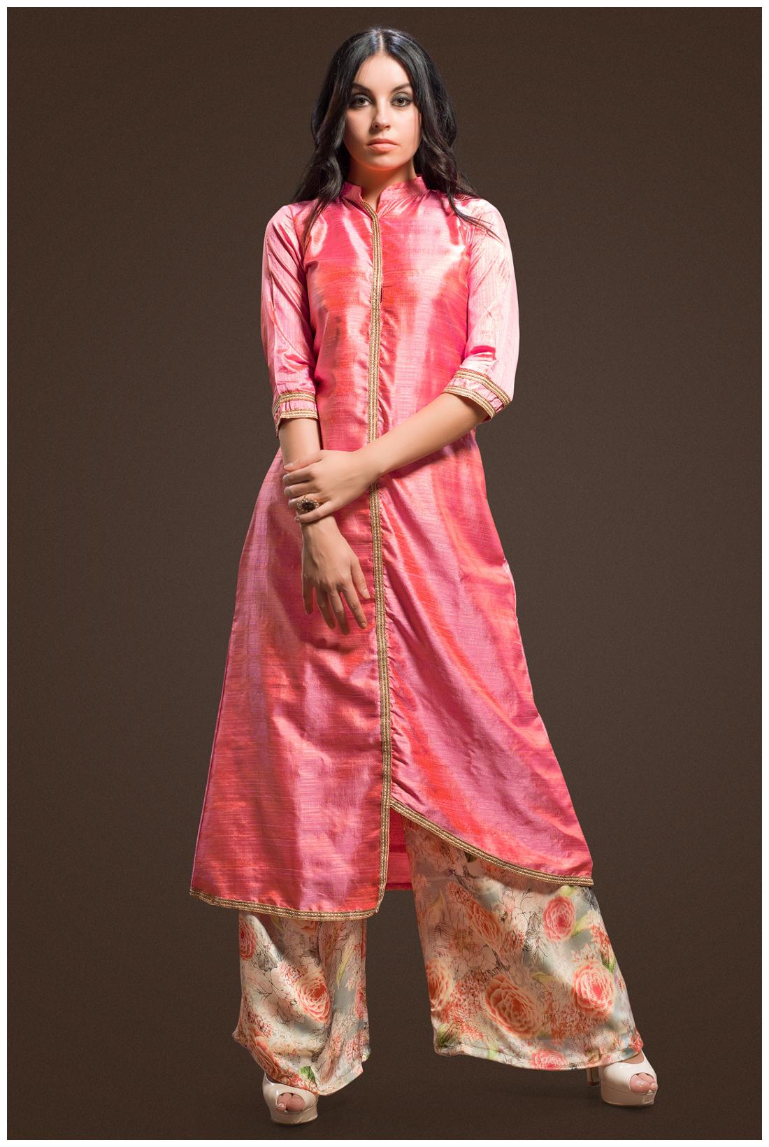 

Admyrin Peach Neo Silk Kurta With Satin Palazzo