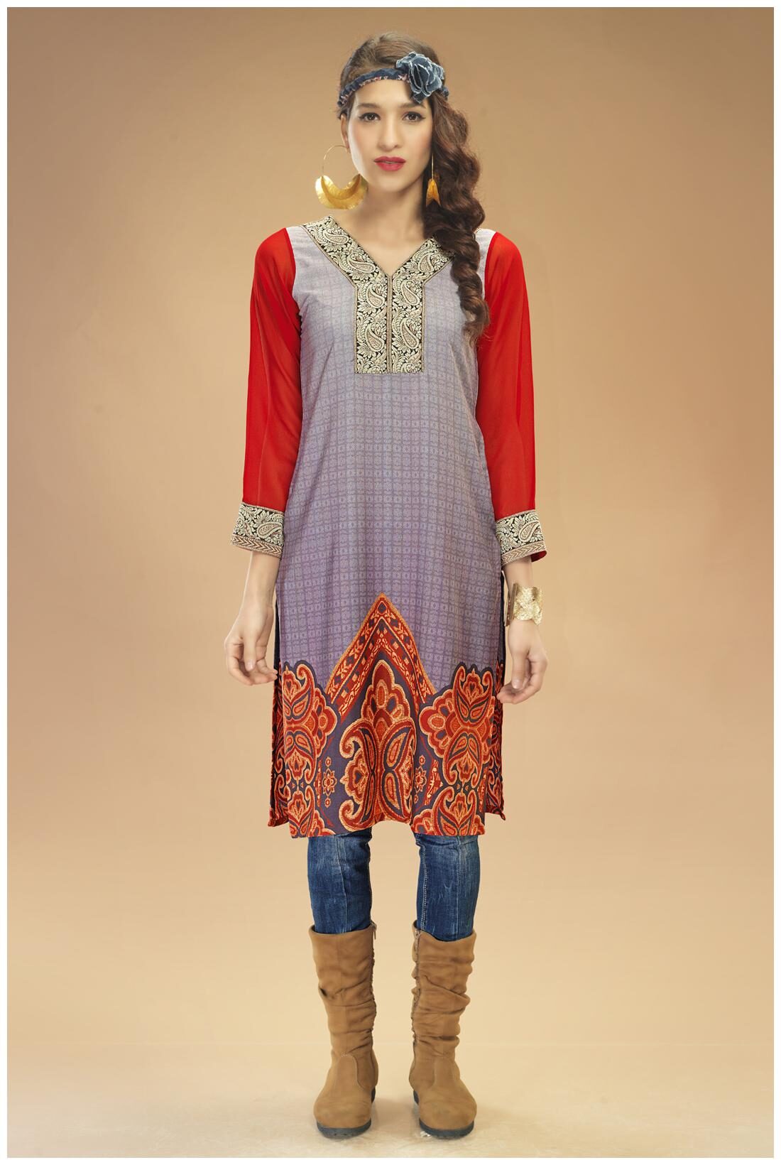 

Admyrin Red And Purple Georgette And Crepe Kurti