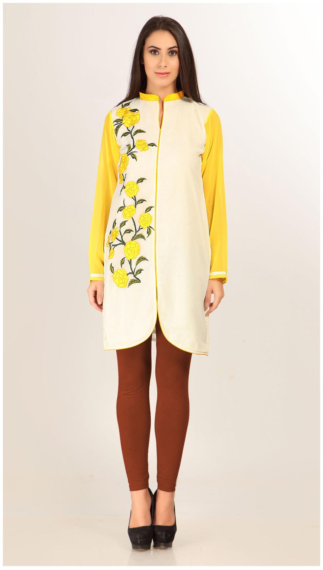 

Admyrin Yellow And Off White Georgette Kurti (Size-S)