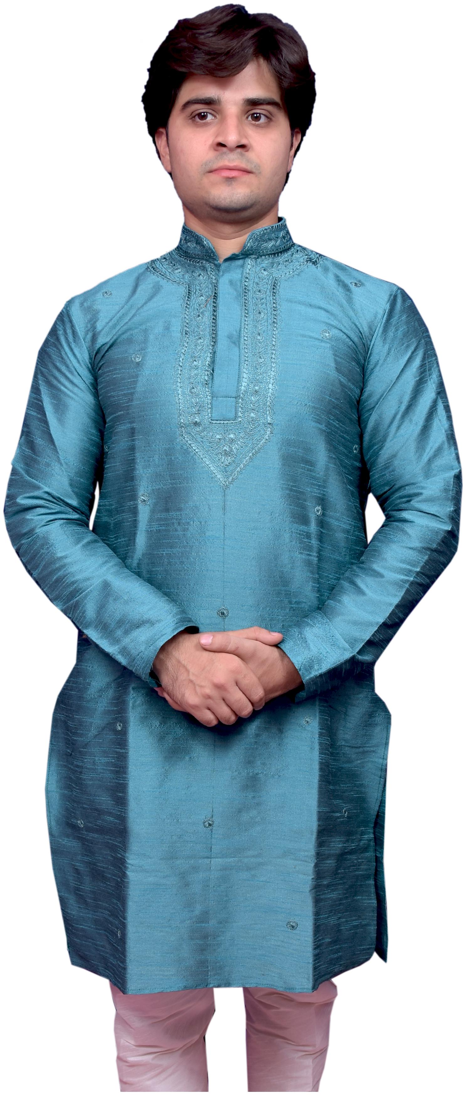 

Adr Chikan Blue Banarasi Dupion Slik Hand Loop Mens Kurta Pyjama Set