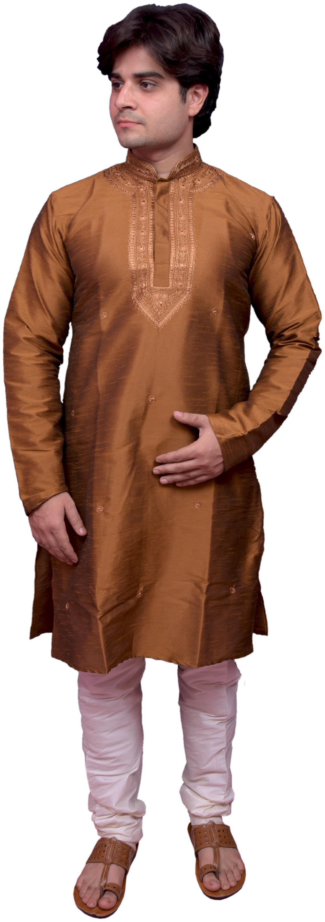 

Adr Chikan Brown Banarasi Dupion Slik Hand Loop Mens Kurta Pyjama Set