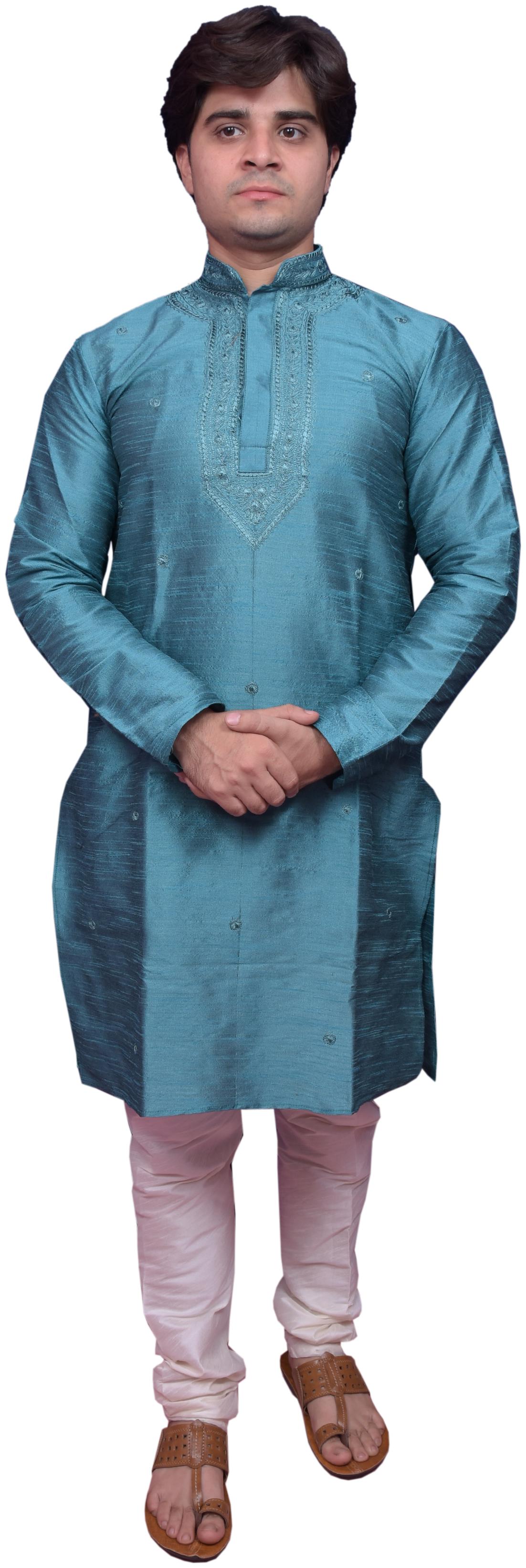 

Adr Chikan Blue Banarasi Dupion Slik Hand Loop Mens Kurta Pyjama Set