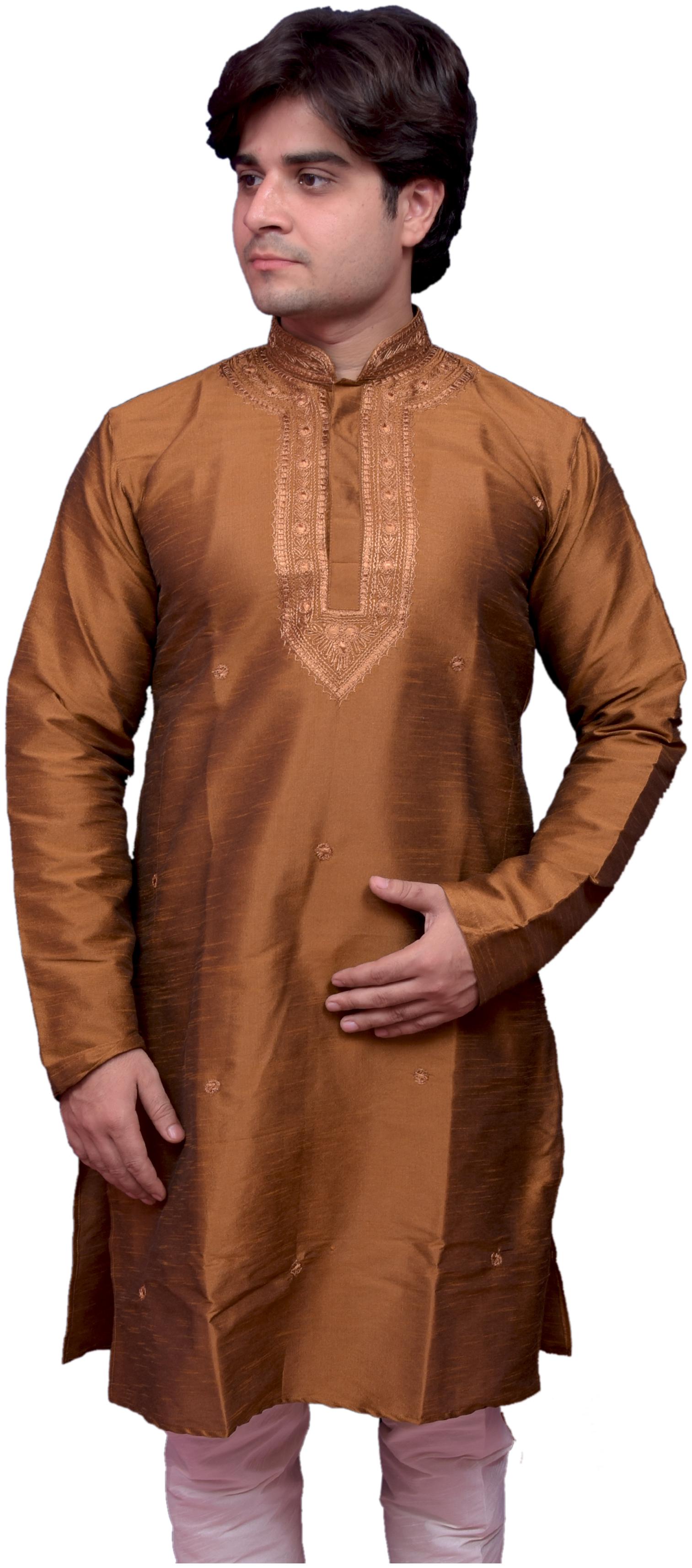 

Adr Chikan Brown Banarasi Dupion Slik Hand Loop Mens Kurta Pyjama Set