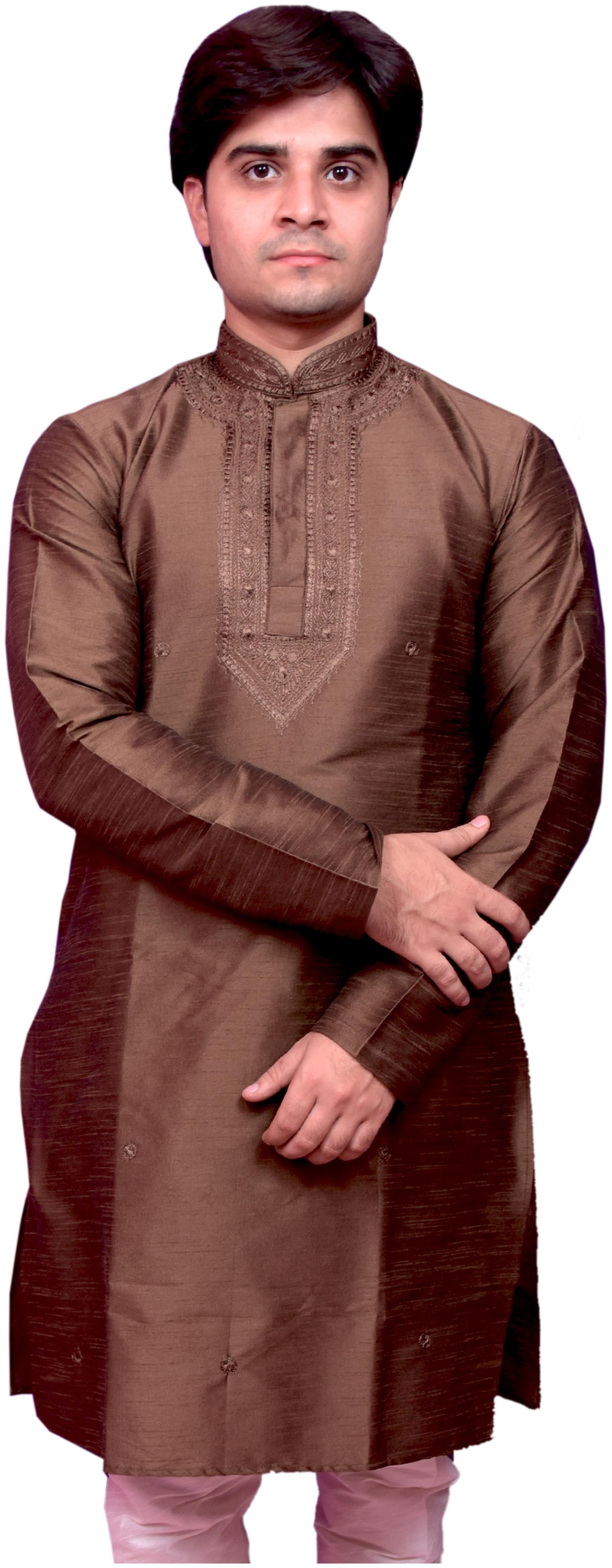 

Adr Chikan Chocolate Banarasi Dupion Slik Hand Loop Mens Kurta Pyjama Set