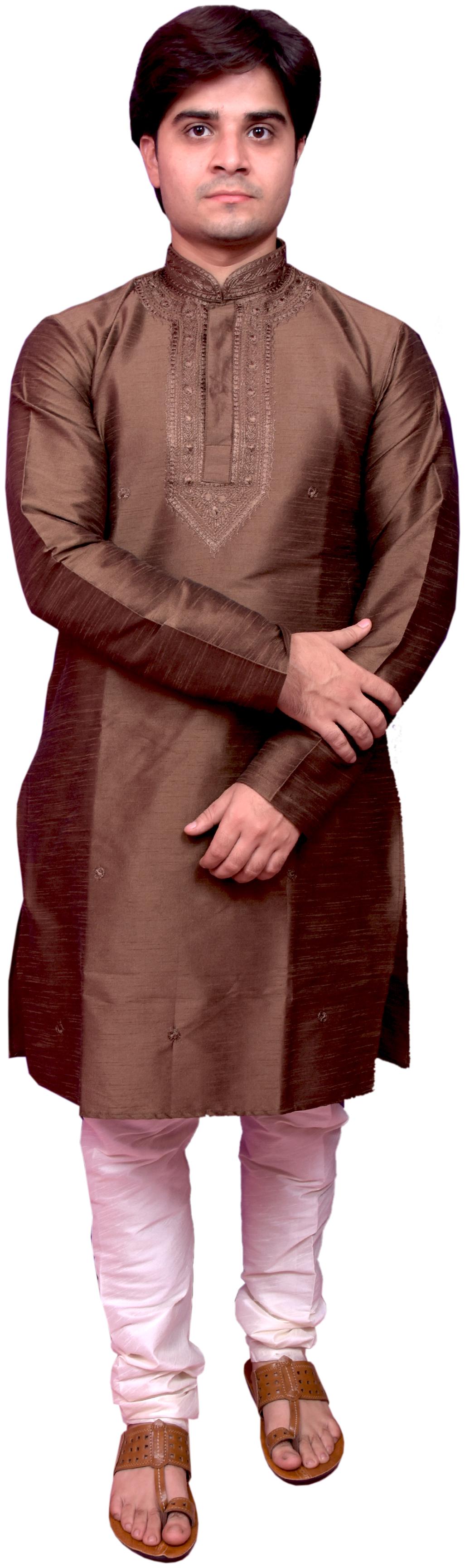 

Adr Chikan Chocolate Banarasi Dupion Slik Hand Loop Mens Kurta Pyjama Set