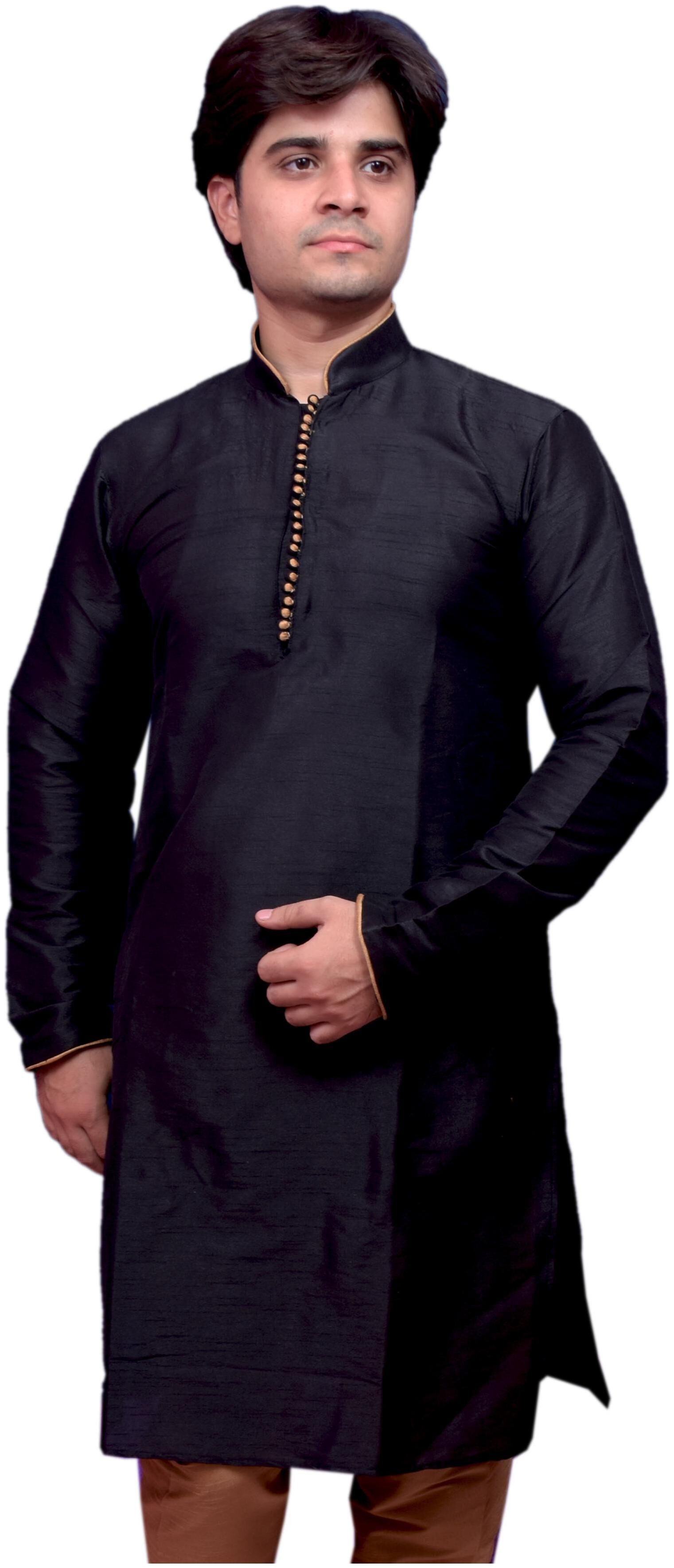 

Adr Chikan (Diwali Special) Black Dupion Slik Hand Loop Mens Kurta Pyjama Set