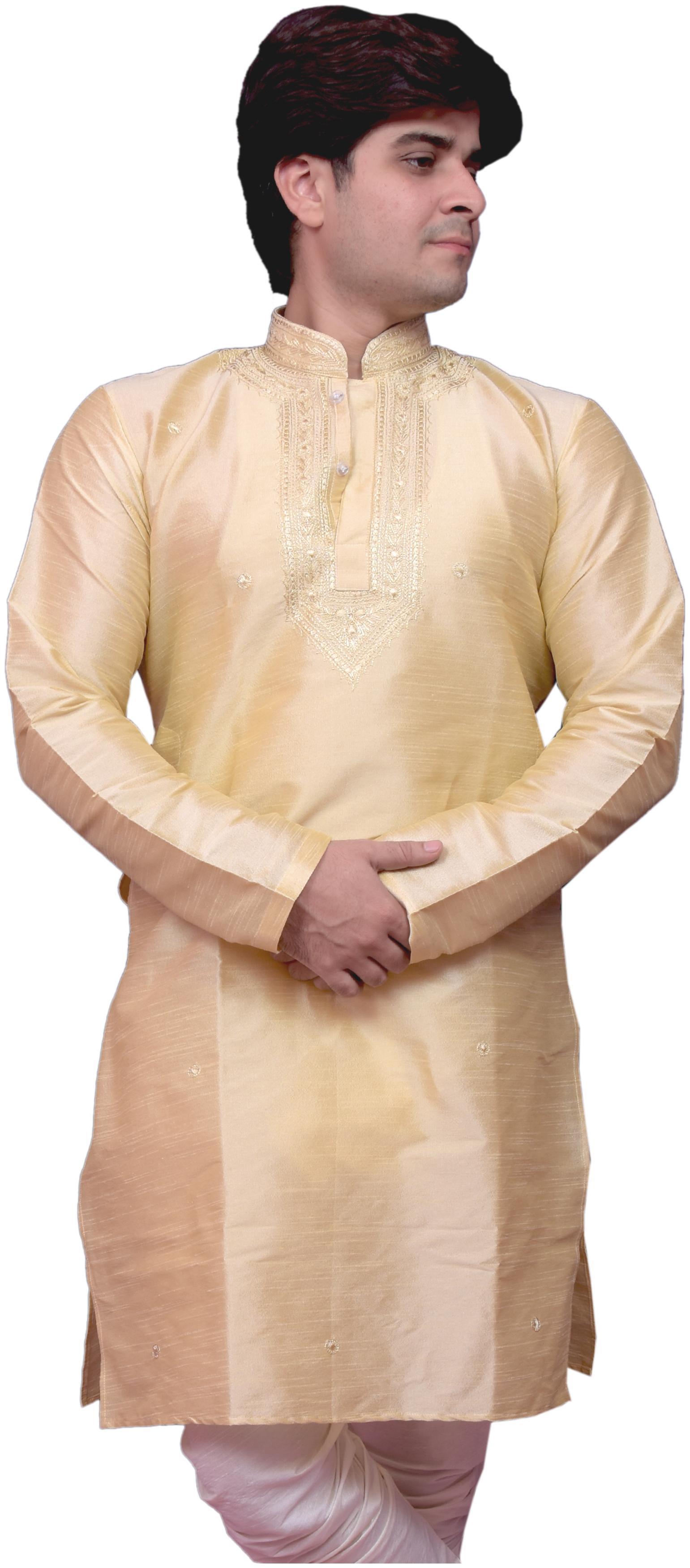 

Adr Chikan (Diwali Special) Gold Dupion Slik Hand Loop Mens Kurta Pyjama Set
