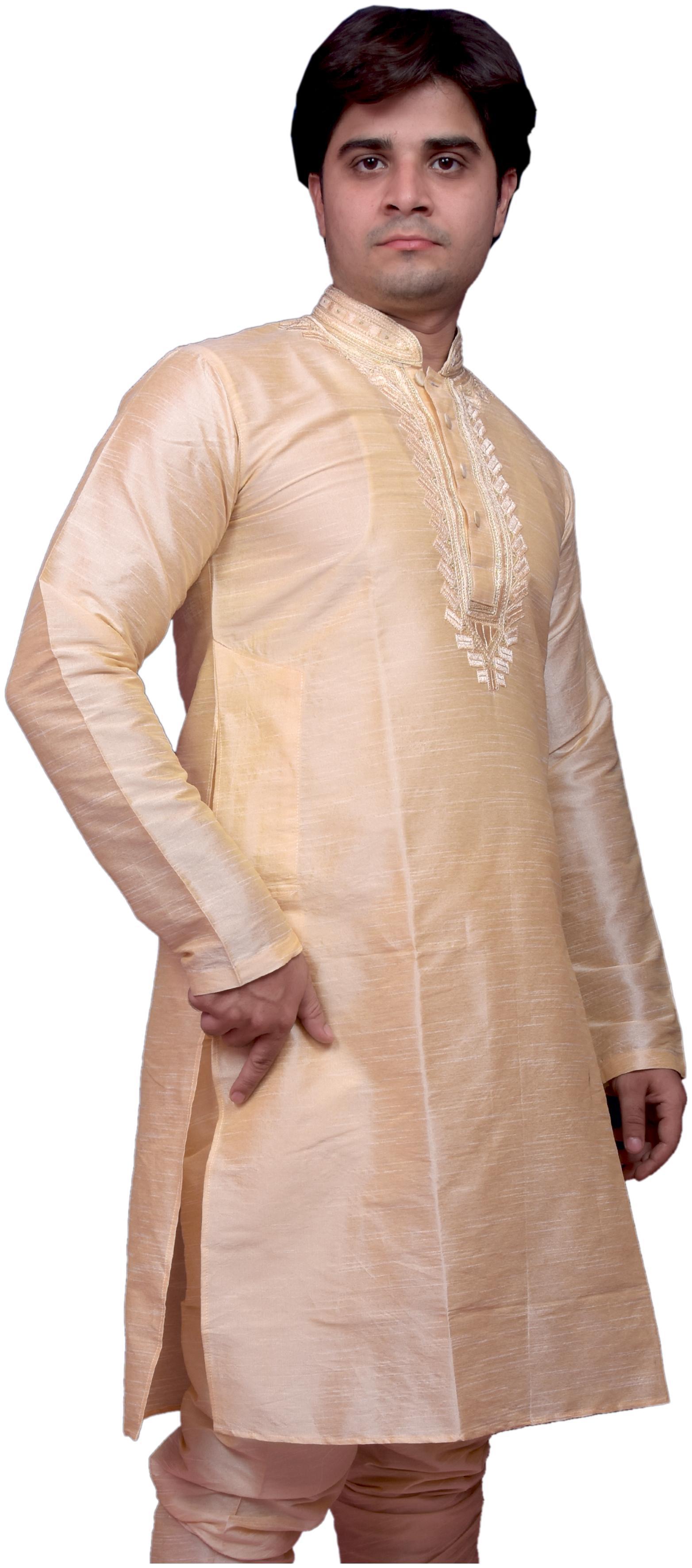 

Adr Chikan (Diwali Special) Gold Dupion Slik Hand Loop Mens Kurta Pyjama Set