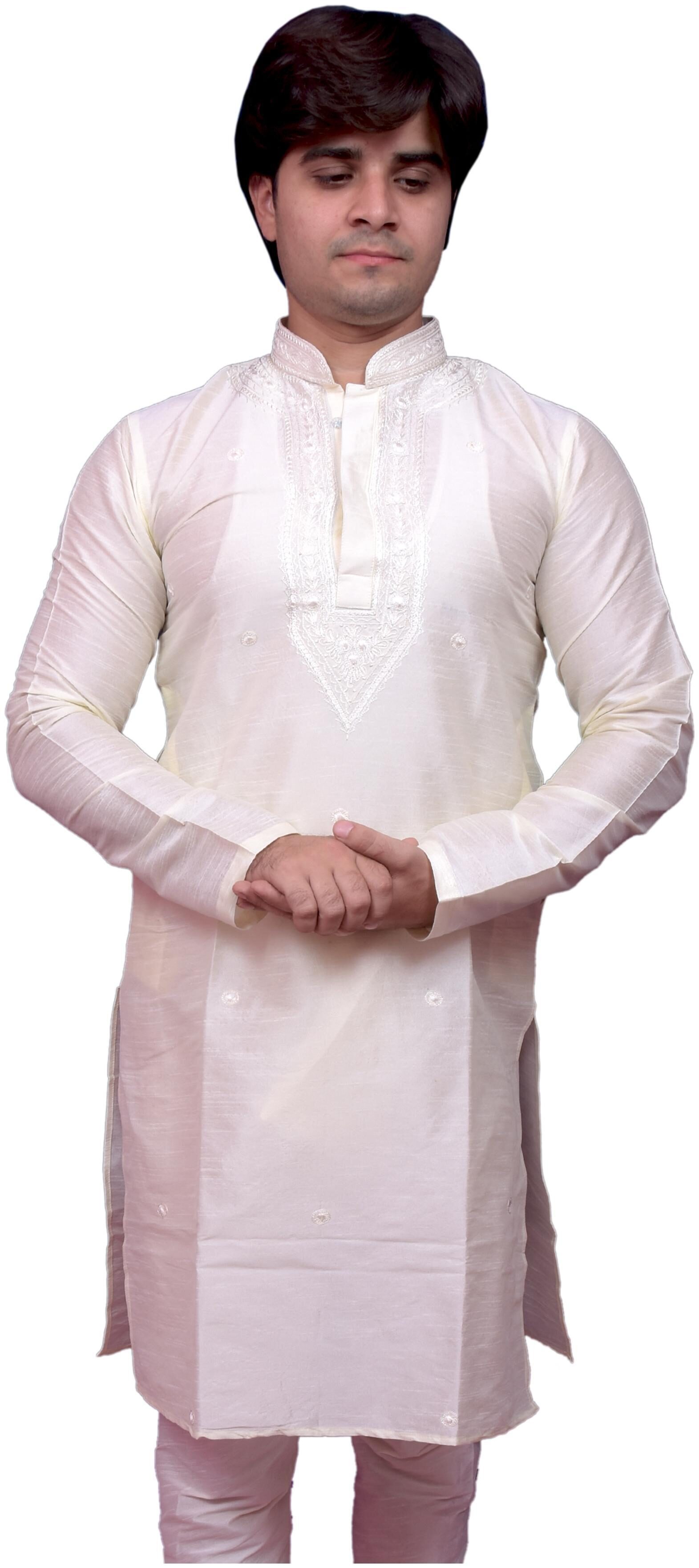 

Adr Chikan (Diwali Special) White Dupion Slik Hand Loop Mens Kurta Pyjama Set